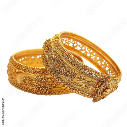 Two ornate gold bangles on transparent background.