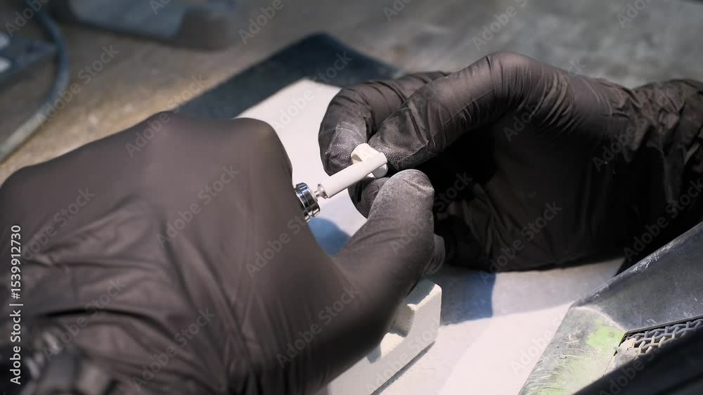 Close-up of a craftsman manually processing a plaster crown model using a grinding machine. Dental prosthetics or custom crown manufacturing process.