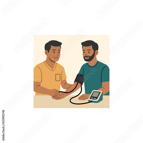Flat Illustration of Male Nurse Checking Blood Pressure with Digital Monitor