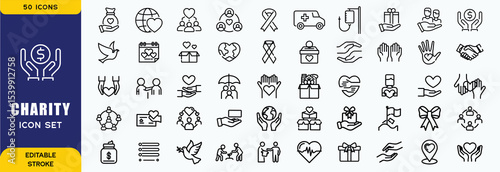 Charity Icon Set. Features community, support, volunteerism, and donation. Perfect for non-profit organizations, social causes, and charitable initiatives. Editable vector graphics for customization