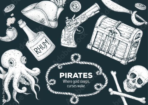Pirate adventure frame. Hand drawn vector illustration. Sea design template. Sketch elements for pirate-marine theme design.