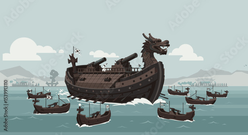  depicts an ancient ship, possibly a traditional battleship, with large sails and a dragon-shaped bow. The ship is shown cutting through the waves, creating a sense of movement and historical strength