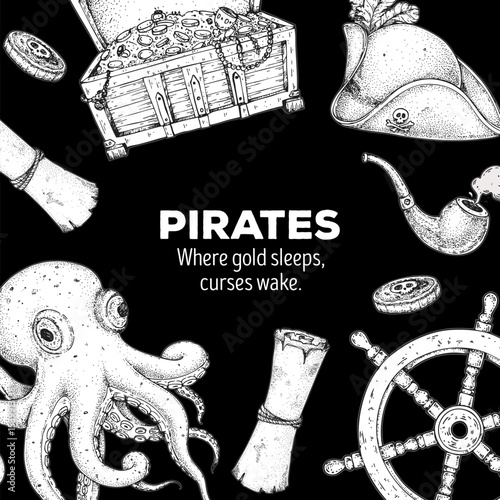 Vintage pirate border. Hand drawn sketch style vector. Old sea map template with nautical elements. Ideal for pirate party invitations, labels, and design projects.