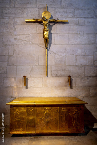 Notre-Dame cathedral, Paris, France. Altar, crucifix and candlesticks by Philippe Kaeppelin, 1964
