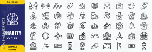 Charity Icon Set. Features community, support, volunteerism, and donation. Perfect for non-profit organizations, social causes, and charitable initiatives. Editable vector graphics for customization