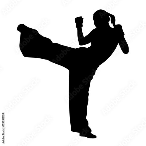 Silhouette of a woman performing a high kick in martial arts without background  