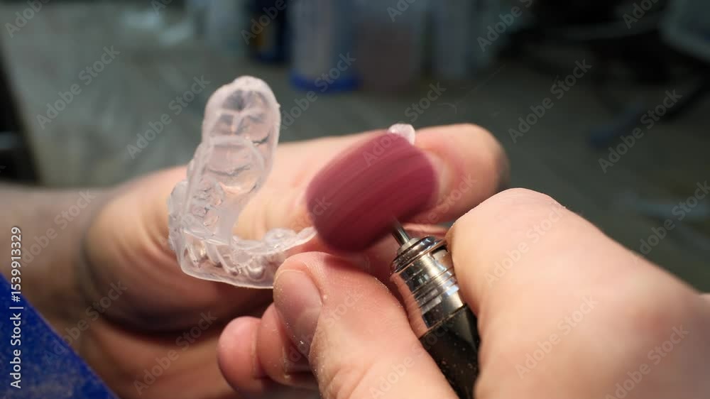 Close-up of a dental technician polishing a transparent aligner or mouthguard using a rotating polishing tool. Precision dental lab work focused on finishing and smoothness of orthodontic appliance