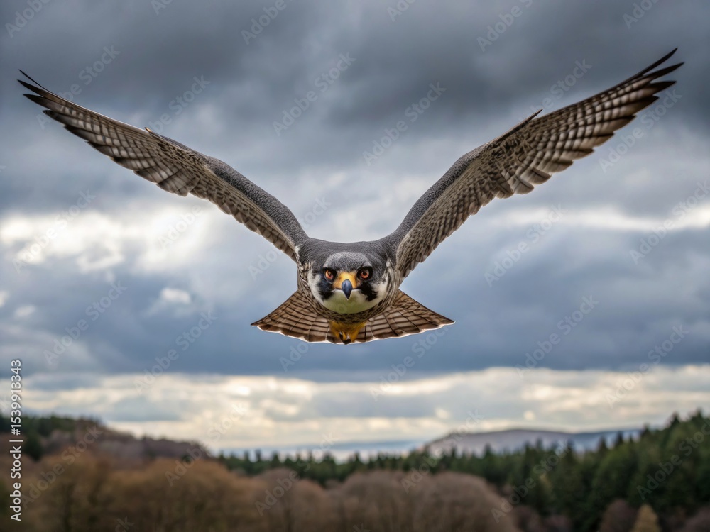 Fototapeta premium Falcon Hunting Over Lush Forest Landscape During Twilight