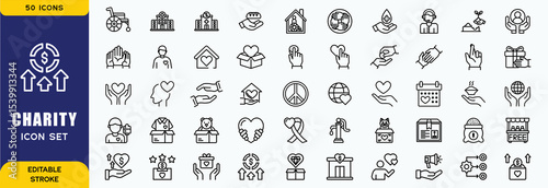 Set of 50 line icons related to charity, donation, social responsibility, friendship, love, Editable stroke. Vector illustratio