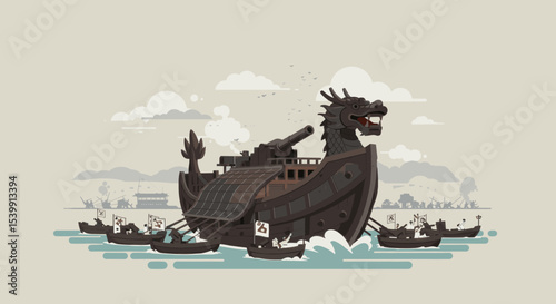  depicts an ancient ship, possibly a traditional battleship, with large sails and a dragon-shaped bow. The ship is shown cutting through the waves, creating a sense of movement and historical strength