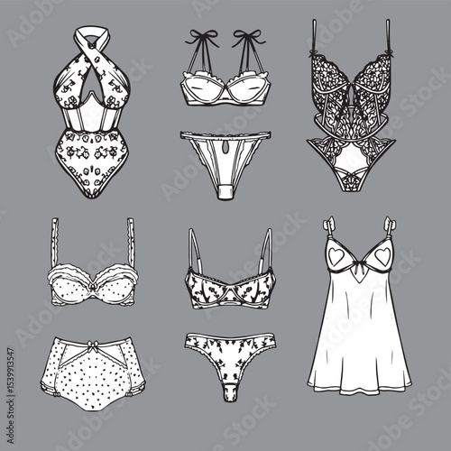 vector illustration of a set of wedding dresses and Bikini