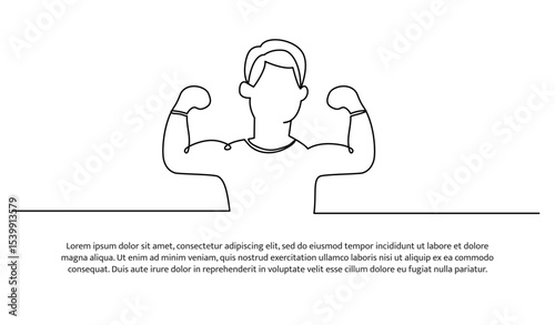 One line man showing muscles arms. Abstract minimal continuous line.