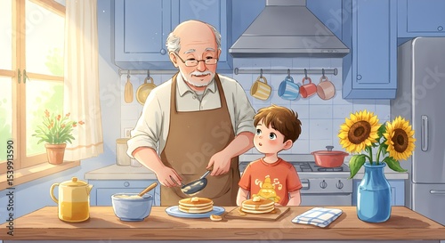 Grandfather and grandson cooking pancakes