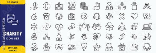 Set of 50 line icons related to charity, donation, social responsibility, friendship, love, Editable stroke. Vector illustratio