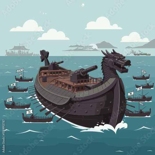  depicts an ancient ship, possibly a traditional battleship, with large sails and a dragon-shaped bow. The ship is shown cutting through the waves, creating a sense of movement and historical strength