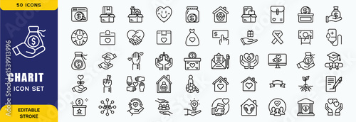 Set of 50 line icons related to charity, donation, social responsibility, friendship, love, Editable stroke. Vector illustratio