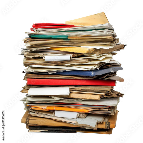 Stack of messy papers on transparent background.