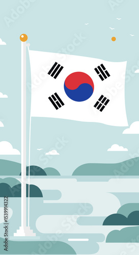 the South Korean flag waving above a modern city skyline. The flag features the iconic Taeguk symbol (red and blue) with four black trigrams and is contrasted against a vibrant, dynamic urban backgrou