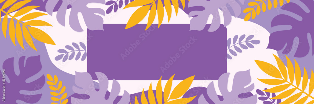 Obraz premium banner with tropical leaves and copy space for text in violet colors vector illustration.