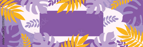 banner with tropical leaves and copy space for text in violet colors vector illustration.