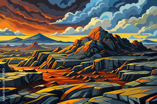 Volcanic rock fields beneath dramatic cloudy skies textured vector landscape perfect for themes of geology, natural forces, lava terrain, and rugged outdoor scenes