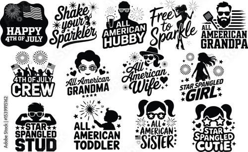 4th of July Silhouette Typography T-Shirt Design Bundle – Patriotic Quotes with Fireworks, American Flags, Stars and Sparkler Themes for Family Matching Shirts – Retro USA Independence Day Graphic