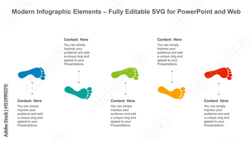 Footprint Infographic Timeline – Editable PowerPoint Template. Fully editable vector SVG file compatible with PowerPoint, Illustrator, and most vector-based applications.