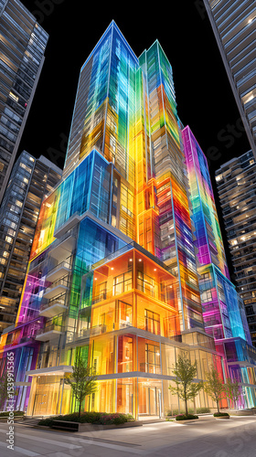 Real-time sensor system for smart city traffic Vibrant modern building illuminated at night. IoT devices and data hubs in urban landscape Visualization of live environmental data from urban sensors
