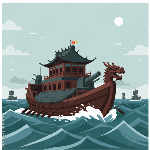  depicts an ancient ship, possibly a traditional battleship, with large sails and a dragon-shaped bow. The ship is shown cutting through the waves, creating a sense of movement and historical strength