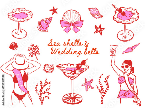 Vászonkép Set of Beach Bachelorette illustrations, Sea shells and Wedding bells Coastal He