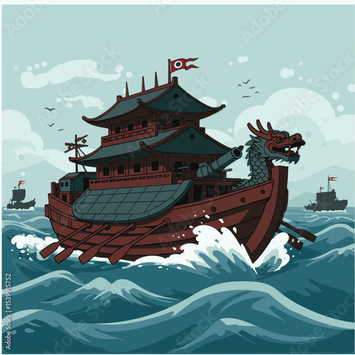  depicts an ancient ship, possibly a traditional battleship, with large sails and a dragon-shaped bow. The ship is shown cutting through the waves, creating a sense of movement and historical strength