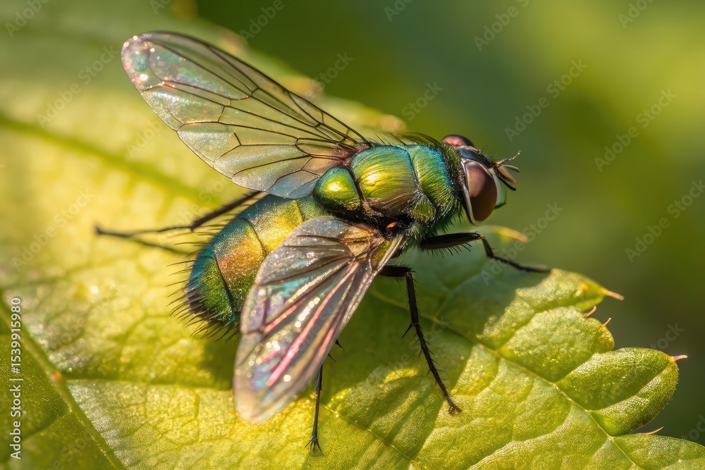 Obraz premium Vibrant green fly on a leaf in sunlight