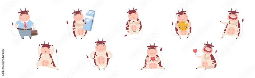 Obraz premium Funny Cow Character with Horn and Udder Enjoy Different Activity Vector Set