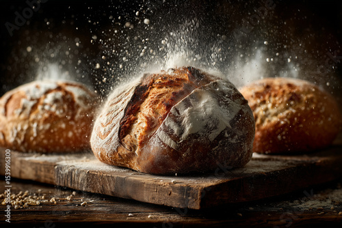 Artisan Bread Loaf Explosion on Rustic Wooden Board – Crusty Fresh Baked Bread with Flour Burst and Rustic Texture