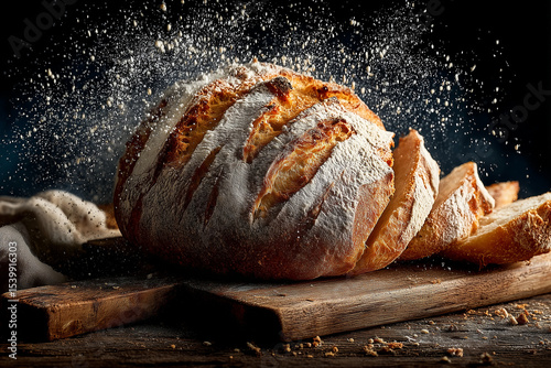 Artisan Bread Loaf Explosion on Rustic Wooden Board – Crusty Fresh Baked Bread with Flour Burst and Rustic Texture
