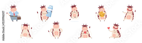 Funny Cow Character with Horn and Udder Enjoy Different Activity Vector Set