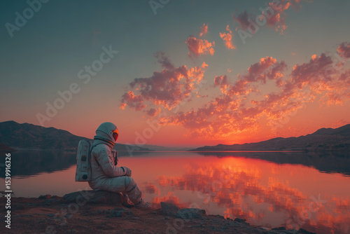 Astronaut Gazing at Vibrant Sunset Over Tranquil Water – Surreal Space Exploration Concept with Reflective Scenery

