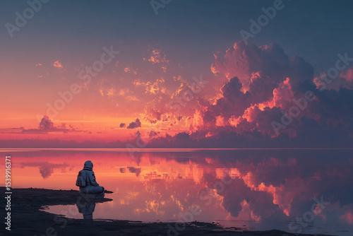 Astronaut Gazing at Vibrant Sunset Over Tranquil Water – Surreal Space Exploration Concept with Reflective Scenery

