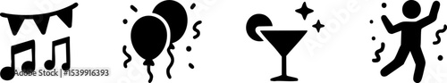 Simple black icons representing a music note with flags, balloons and confetti, a cocktail glass, and a dancing person with confetti.
