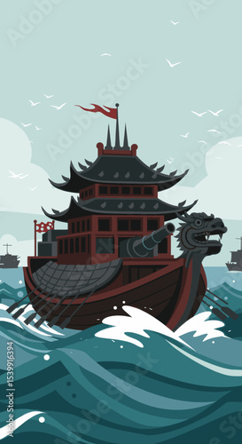  depicts an ancient ship, possibly a traditional battleship, with large sails and a dragon-shaped bow. The ship is shown cutting through the waves, creating a sense of movement and historical strength