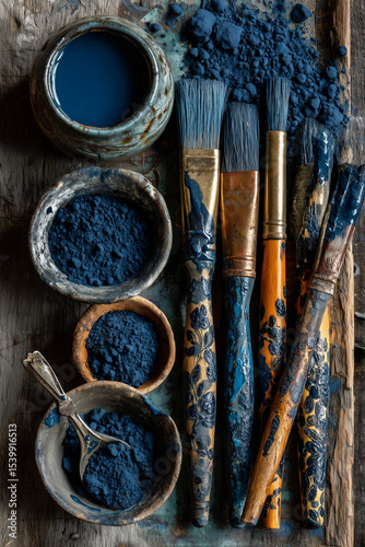 Dark Blue Paintbrush and Pigment Flatlay on White Background – Artistic Tools and Vibrant Blue Color Palette