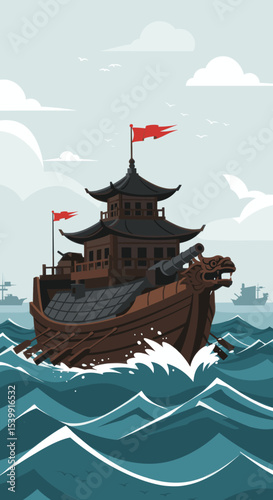  depicts an ancient ship, possibly a traditional battleship, with large sails and a dragon-shaped bow. The ship is shown cutting through the waves, creating a sense of movement and historical strength