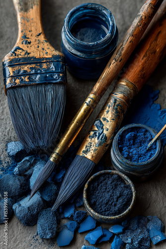 Dark Blue Paintbrush and Pigment Flatlay on White Background – Artistic Tools and Vibrant Blue Color Palette