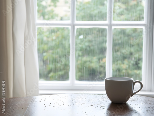 White ceramic cup sits on wooden table near window with raindrops, creating calm and cozy atmosphere on rainy day indoors