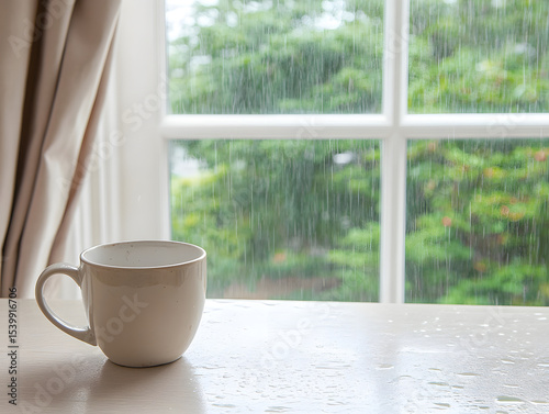 Empty white coffee cup sits on wet table by window with rain falling outside, creating calm and cozy atmosphere on rainy day