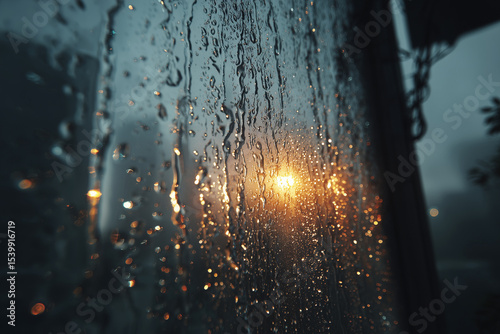 Water Droplets Forming Trails on a Dark Vertical Window – Moody Rain Texture with Transparent Streaks and Reflection