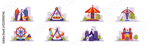Amusement Park Attraction and Carnival Carousel Vector Set