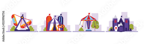 Amusement Park Attraction and Carnival Carousel Vector Set