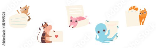 Funny Animal Character Holding Banner or Placard Vector Set