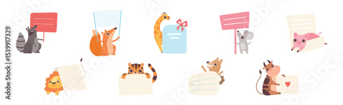 Funny Animal Character Holding Banner or Placard Vector Set